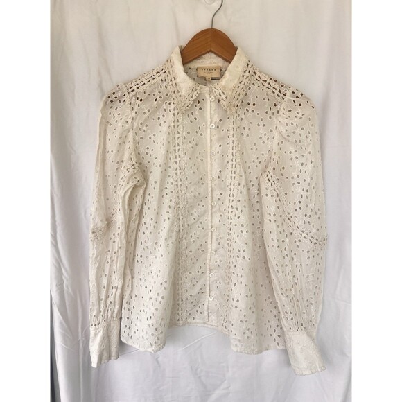 SEZANE Cara Shirt Cream Women’s Size 36 US 4 Eyelet Floral Puff Sleeve Button Up - Picture 8 of 15